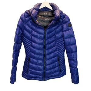 Calvin Klein Jacket Womens Medium Blue Packable Premium Down Puffer Hooded